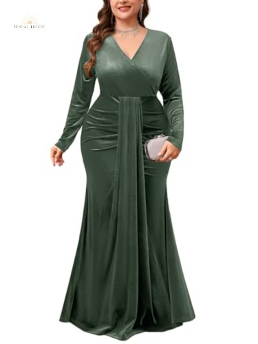 Plus Size Velvet Wrap Dress Long Sleeve V Neck Mermaid Maxi Formal Evening Gown